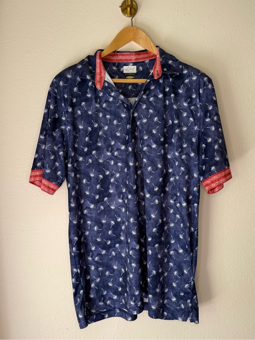 Greg Norman Men’s Blue Palm Print Golf Polo Shirt size Large